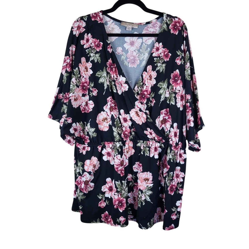 Misia Curvy Floral Top Women's Plus Sz 3X Dark Cinch Waist V Neck Soft
